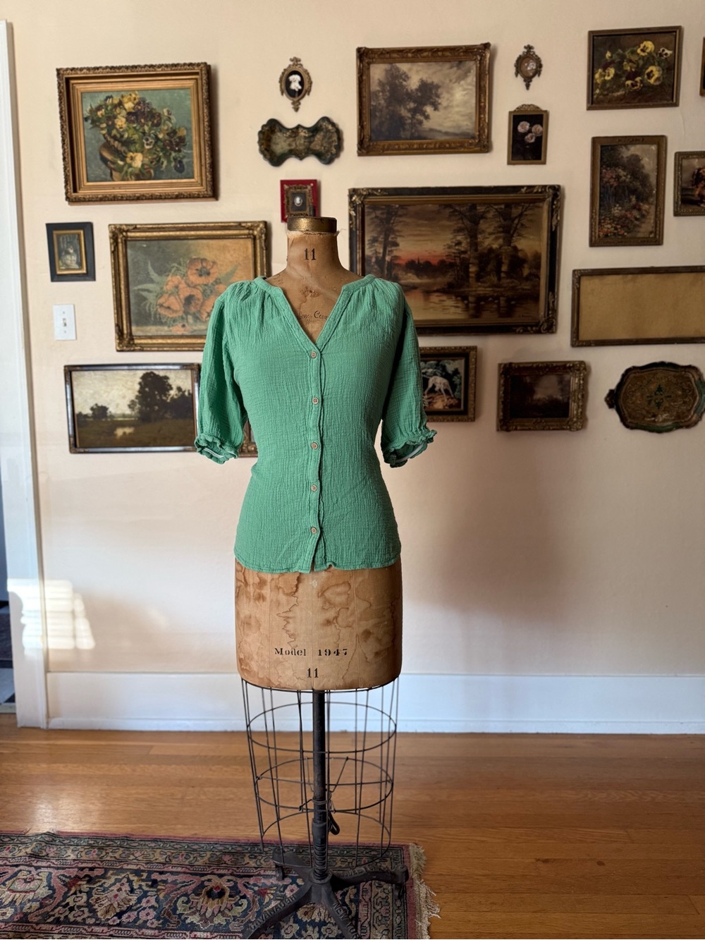 beachlunchlounge Sage Green Button-Front Puff Sleeve Top